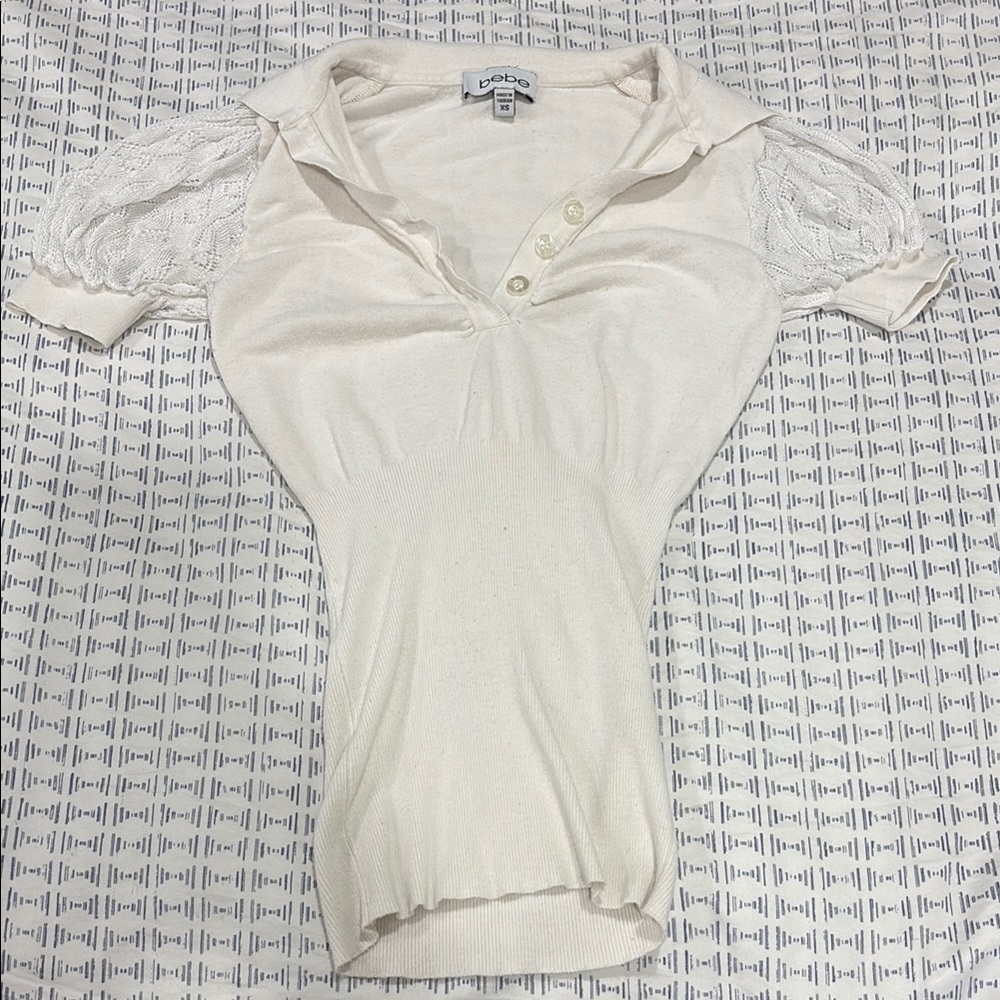 Bebe Cream Fitted Polo Blouse Short Sleeve
